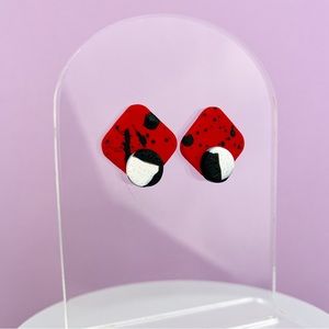 Black White Abstract Pattern Red Black Splatter Polymer Clay Stud Earrin…
